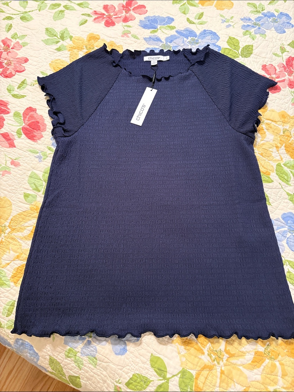 Chico's Navy Short Sleeve Ruffle Trim Textured Top